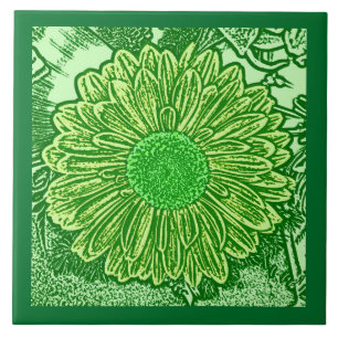 Gerbera Daisy Block Print, Emerald and Lime Green Tile