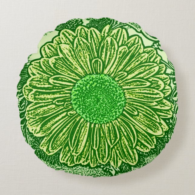 Gerbera Daisy Block Print, Emerald & Lime Green Round Pillow (Front)