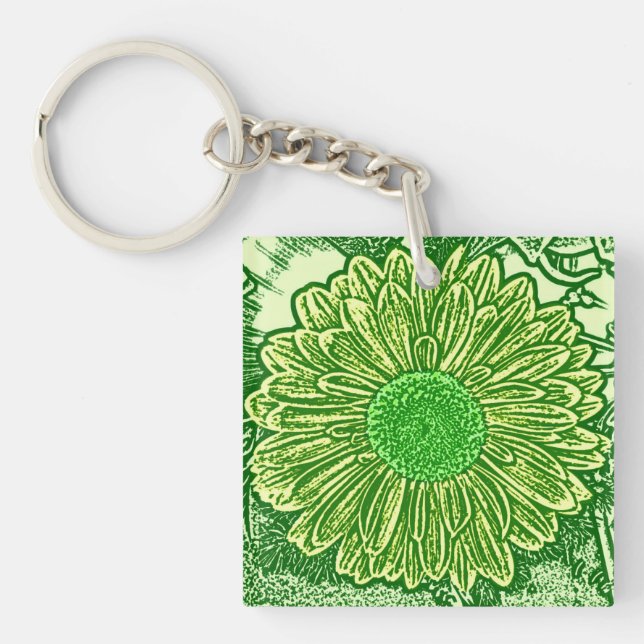 Gerbera Daisy Block Print - lime green Keychain (Front)