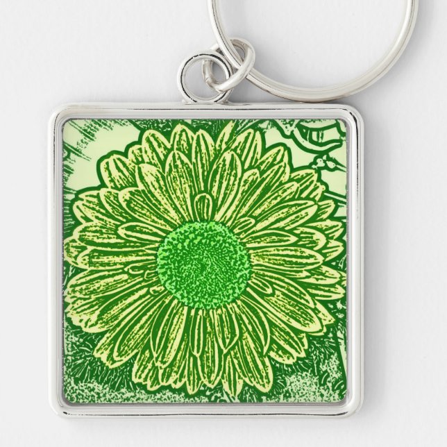 Gerbera Daisy Block Print - lime green Keychain (Front)