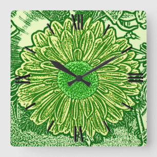 Gerbera Daisy Block Print - lime green Square Wall Clock