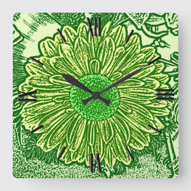 Gerbera Daisy Block Print - lime green Square Wall Clock (Front)