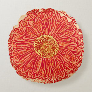 Gerbera Daisy Block Print, Mandarin Orange Round Pillow