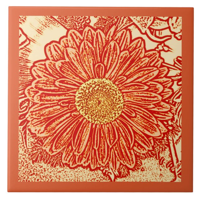 Gerbera Daisy Block Print, Mandarin Orange Tile (Front)