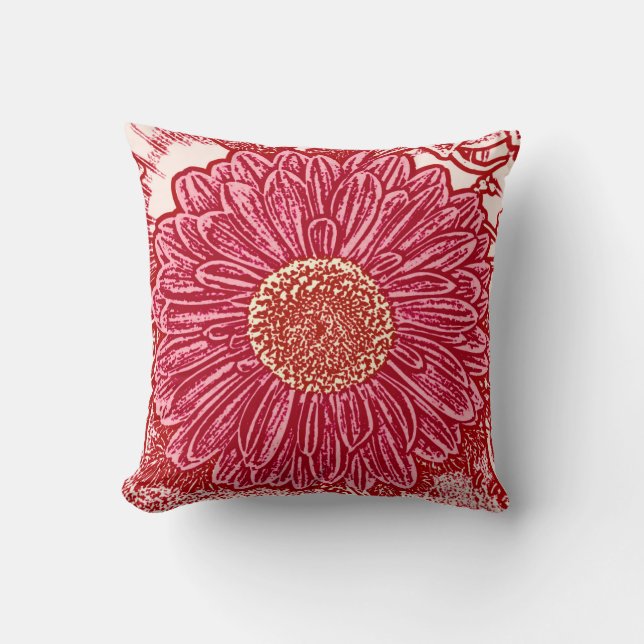 Gerbera Daisy Block Print - maroon and pink Throw Pillow (Front)
