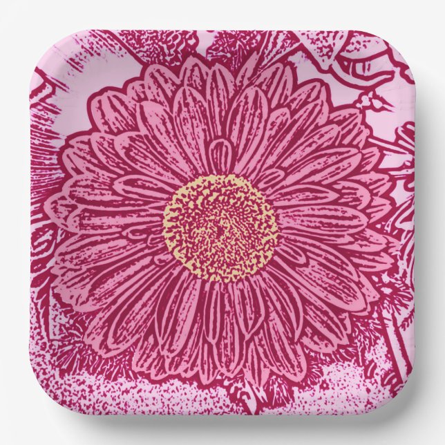 Gerbera Daisy Block Print, Maroon & Pastel Pink Paper Plate (Front)