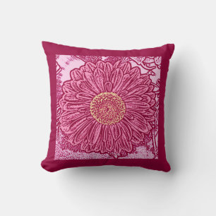 Gerbera Daisy Block Print, Maroon & Pastel Pink Throw Pillow
