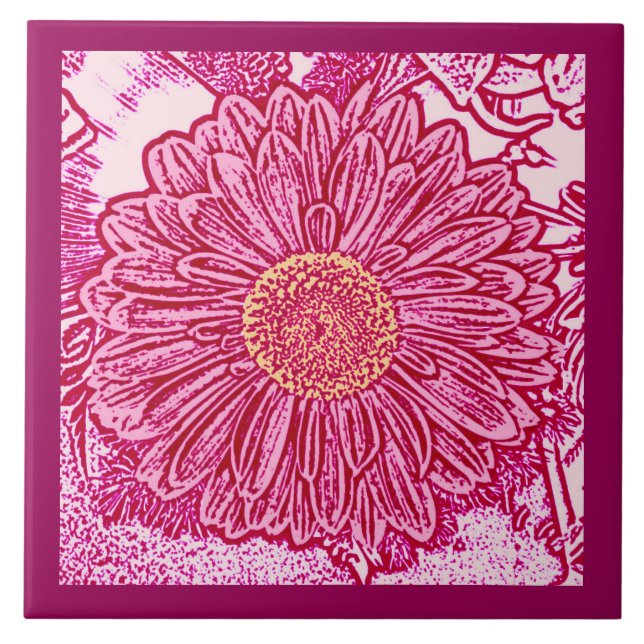 Gerbera Daisy Block Print, Maroon & Pastel Pink Tile (Front)