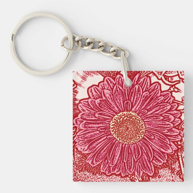 Gerbera Daisy Block Print - red and pink Keychain (Front)