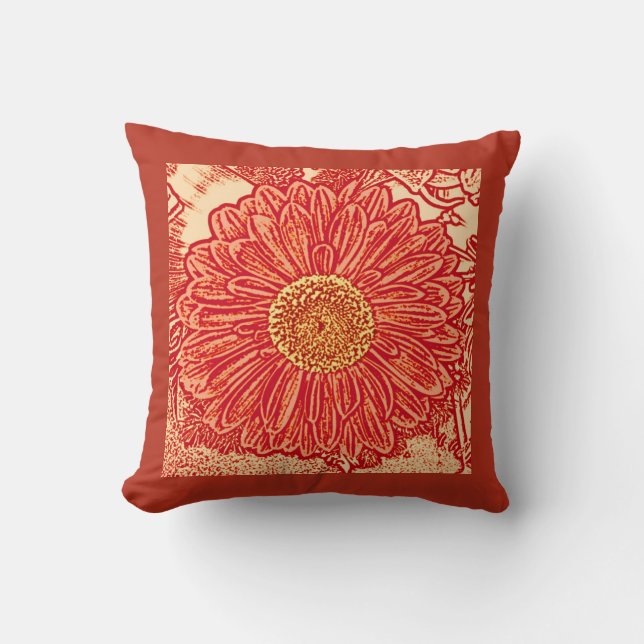 Gerbera Daisy Block Print, Saffron & Deep Orange Throw Pillow (Front)