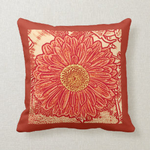 Gerbera Daisy Block Print, Saffron & Deep Orange Throw Pillow