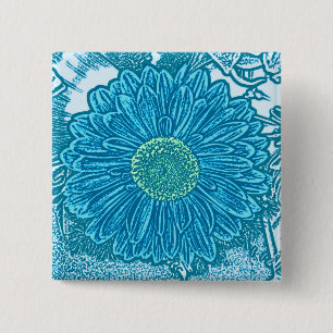 Gerbera Daisy Block Print - sea blue 2 Inch Square Button