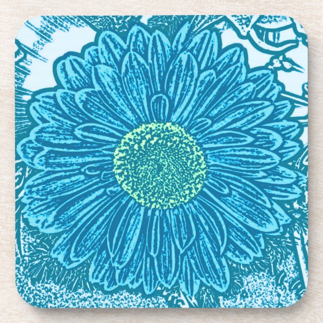 Gerbera Daisy Block Print - sea blue Coaster (Front)