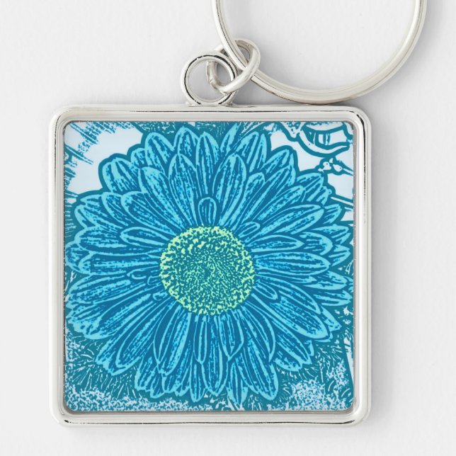 Gerbera Daisy Block Print - sea blue Keychain (Front)