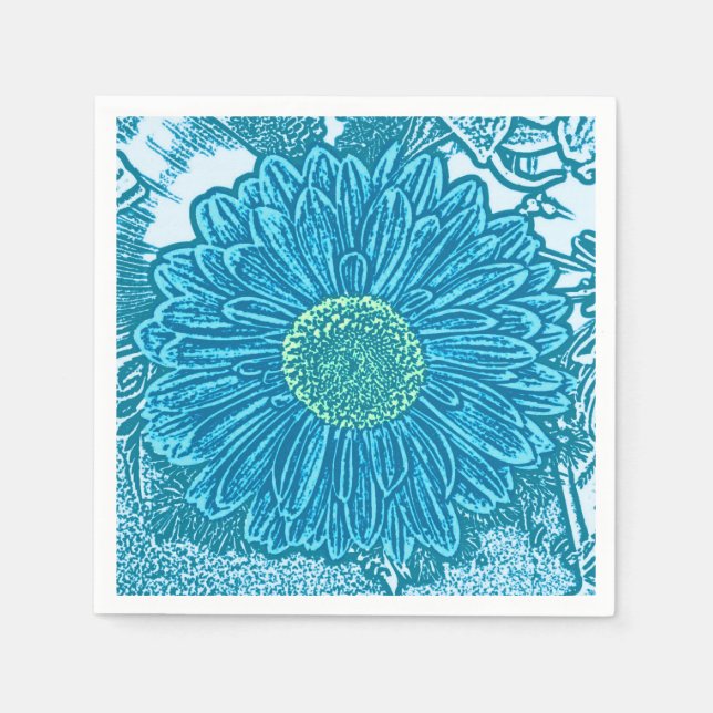 Gerbera Daisy Block Print - sea blue Napkin (Front)