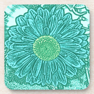 Gerbera Daisy Block Print - shades of aqua Coaster