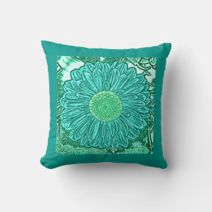 Gerbera Daisy Block Print - shades of aqua Throw Pillow