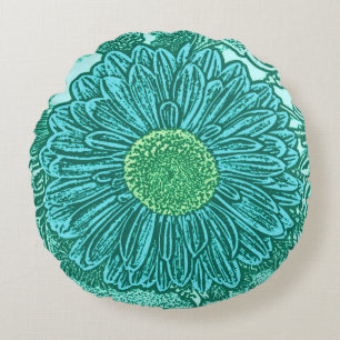 Gerbera Daisy Block Print, Turquoise and Aqua Round Pillow