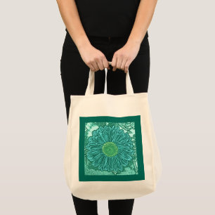 Gerbera Daisy Block Print, Turquoise and Aqua Tote Bag