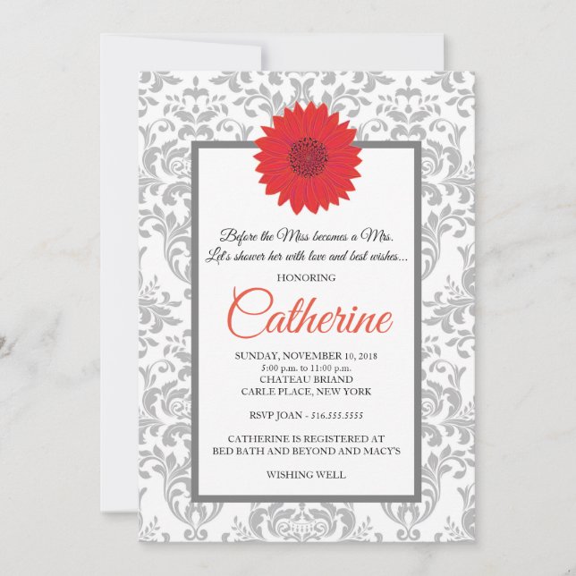 Gerbera Daisy Demask Grey Bridal Shower Invitation (Front)