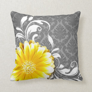 Gerbera Daisy Fancy Damask   grey yellow white Throw Pillow