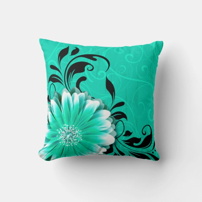 Gerbera Daisy Fancy Scroll | mint green black Throw Pillow (Front)