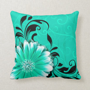 Gerbera Daisy Fancy Scroll   mint green black Throw Pillow