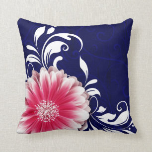 Gerbera Daisy Fancy Scroll   navy fuchsia Throw Pillow