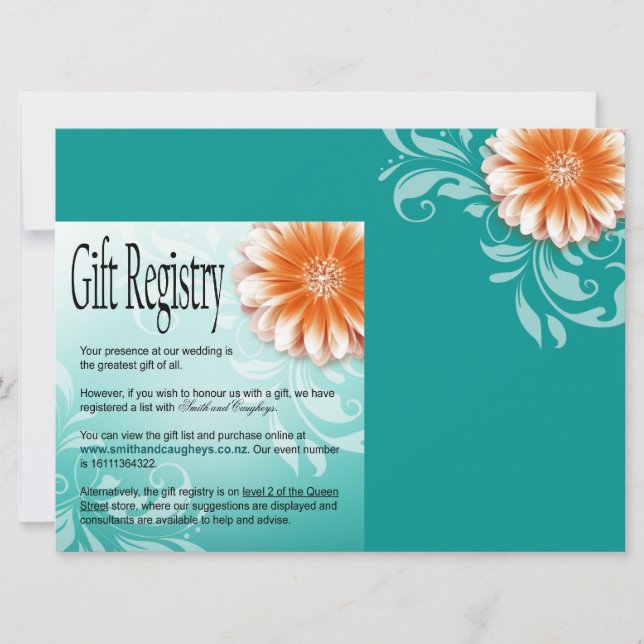 Gerbera Daisy Orange Aqua Gift Registry Invitation (Front)