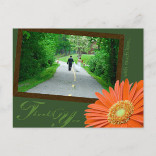 Gerbera Daisy Orange Muted Green Thank You Wedding Postcard