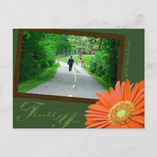 Gerbera Daisy Orange Muted Green Thank You Wedding Postcard