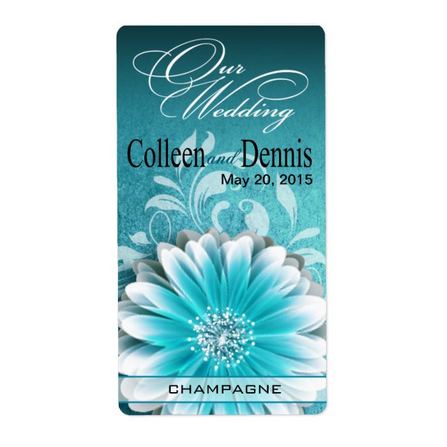 Gerbera Daisy Scroll 1 Étiquette à vin | TURQUOISE (Devant)