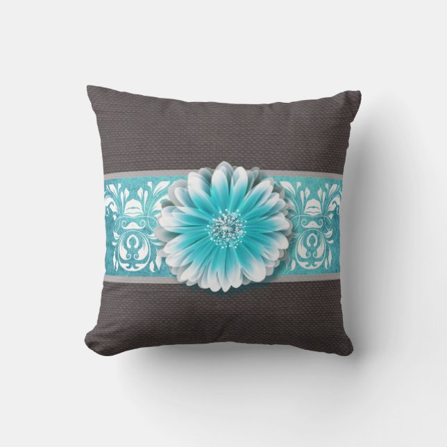 Gerbera Daisy Scroll Burlap 1 teal bandeau Throw Pillow (Front)