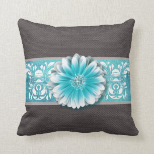 Gerbera Daisy Scroll Burlap 1 teal bandeau Throw Pillow
