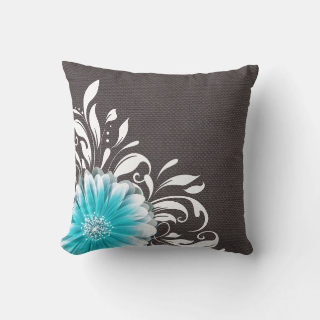 Gerbera Daisy Scroll Burlap 1 teal charcoal Throw Pillow (Front)