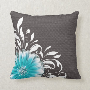 Gerbera Daisy Scroll Burlap 1 teal charcoal Throw Pillow