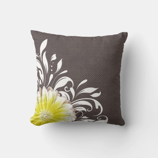 Gerbera Daisy Scroll Burlap 1 yellow charcoal Throw Pillow (Front)