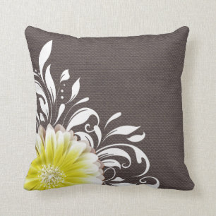 Gerbera Daisy Scroll Burlap 1 yellow charcoal Throw Pillow