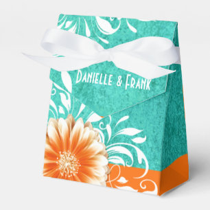 Gerbera Daisy Scroll orange turquoise Favor Box