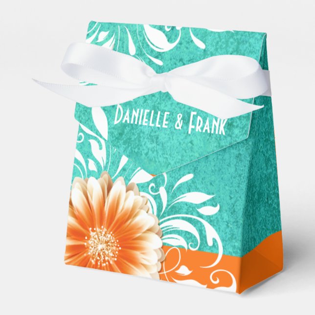 Gerbera Daisy Scroll | orange turquoise Favor Box (Front Side)