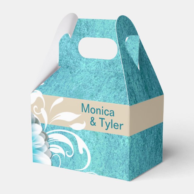 Gerbera Daisy Scroll | teal oatmeal Favor Box (Front Side)