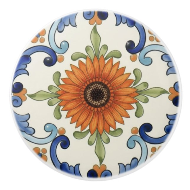 Gerbera Flower Mediterranean Blue Cream Ceramic Knob (Front)