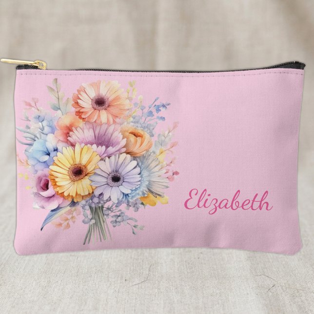 Gerbera flowers add name pink accessory pouch (Creator Uploaded)