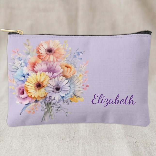 Gerbera flowers add name purple accessory pouch (Creator Uploaded)