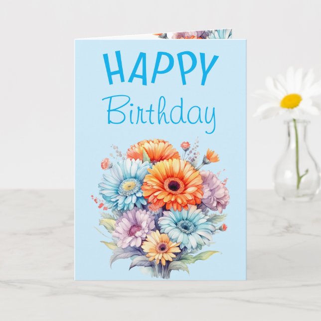 Gerbera flowers happy birthday blank blue card (Small Plant)