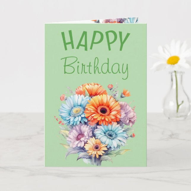 Gerbera flowers happy birthday blank green card (Small Plant)