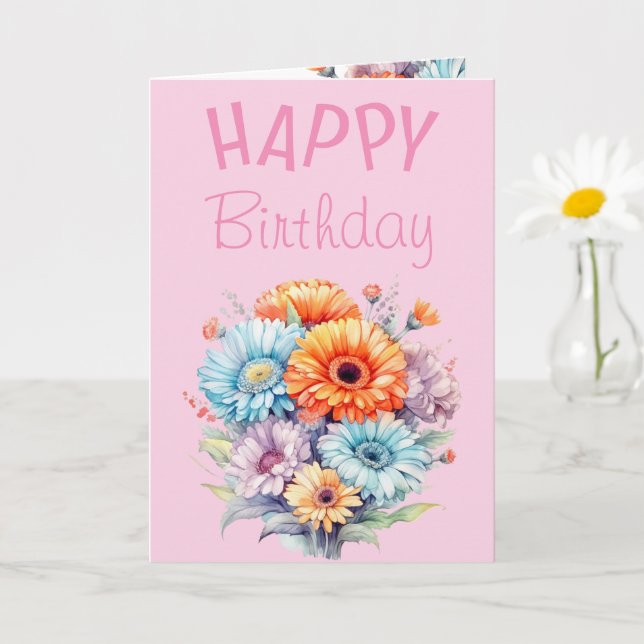 Gerbera flowers happy birthday blank pink card (Small Plant)