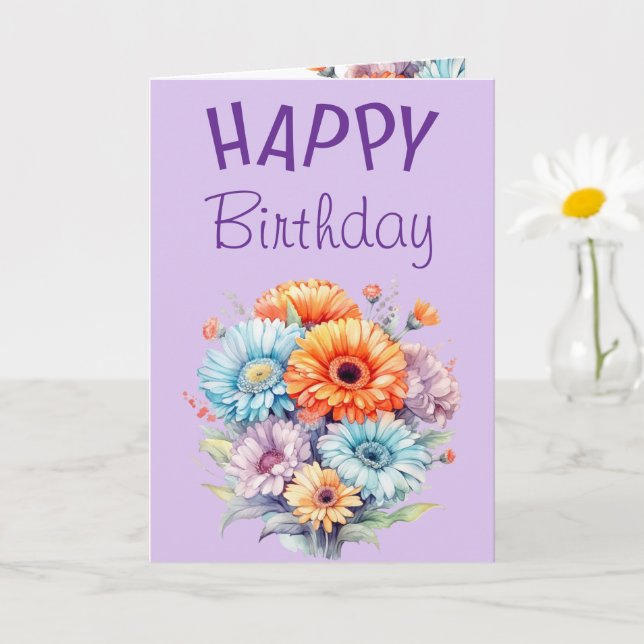 Gerbera flowers happy birthday blank purple card (Small Plant)
