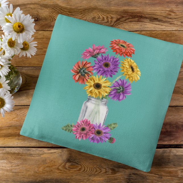 Gerbera Gerber Daisy Watercolor Mason Jar Throw Pi Pillow (Creator Uploaded)