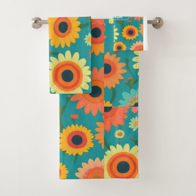 Gerbera Retro Colourful Personalized Pattern Bath Towel Set (Insitu)